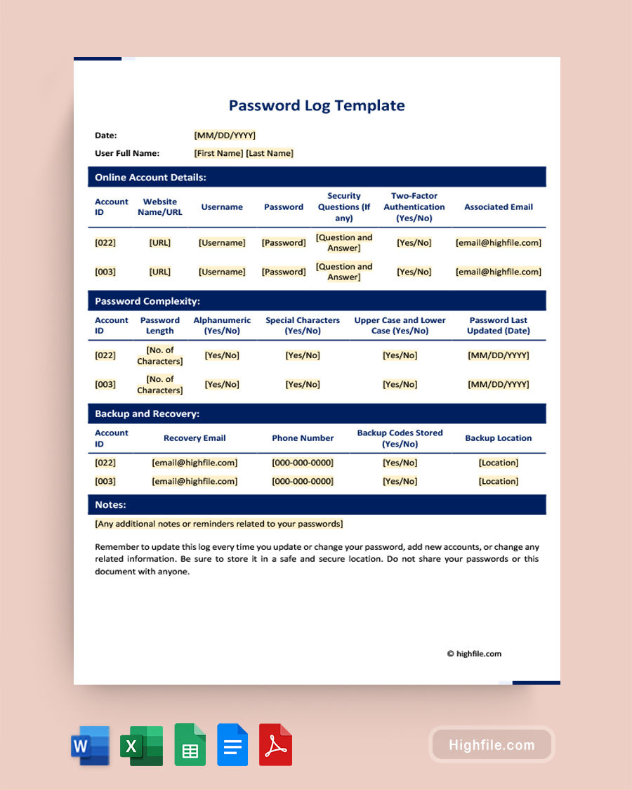 Password Log Template - Word, PDF, Excel, Google Docs, Google Sheets