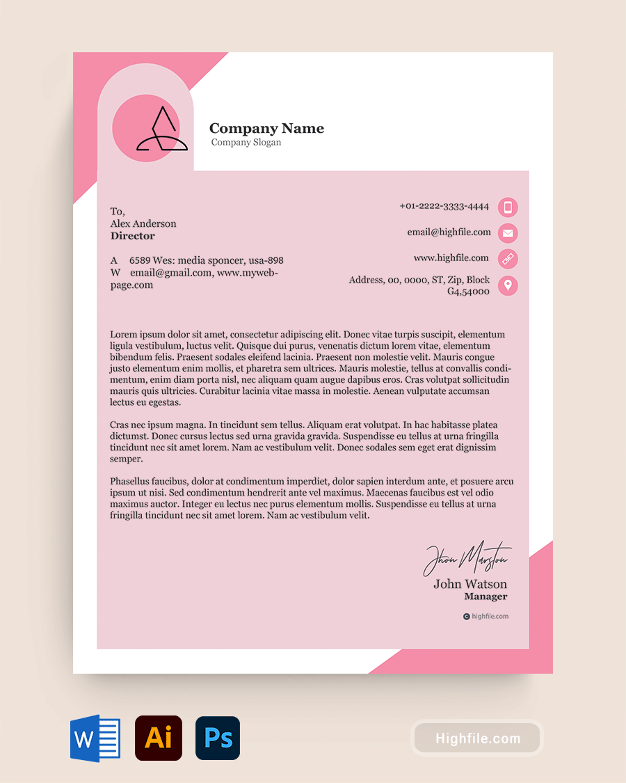 Pink Business Letterhead Template - Word, Adobe Illustrator, Adobe Photoshop