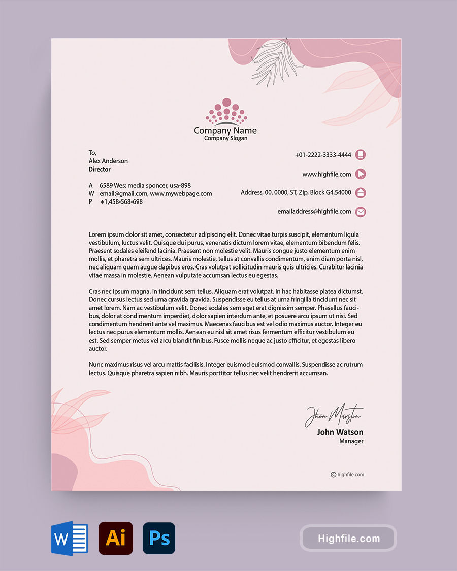 Pink Personal Letterhead Template- Word | Adobe Illustrator | Adobe Photoshop - Highfile