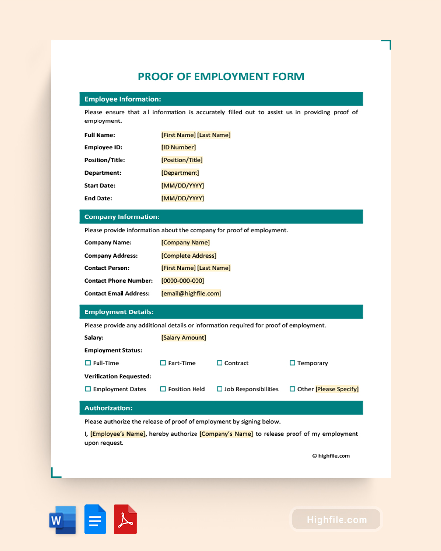 Proof of Employment Form - Word, PDF, Google Docs