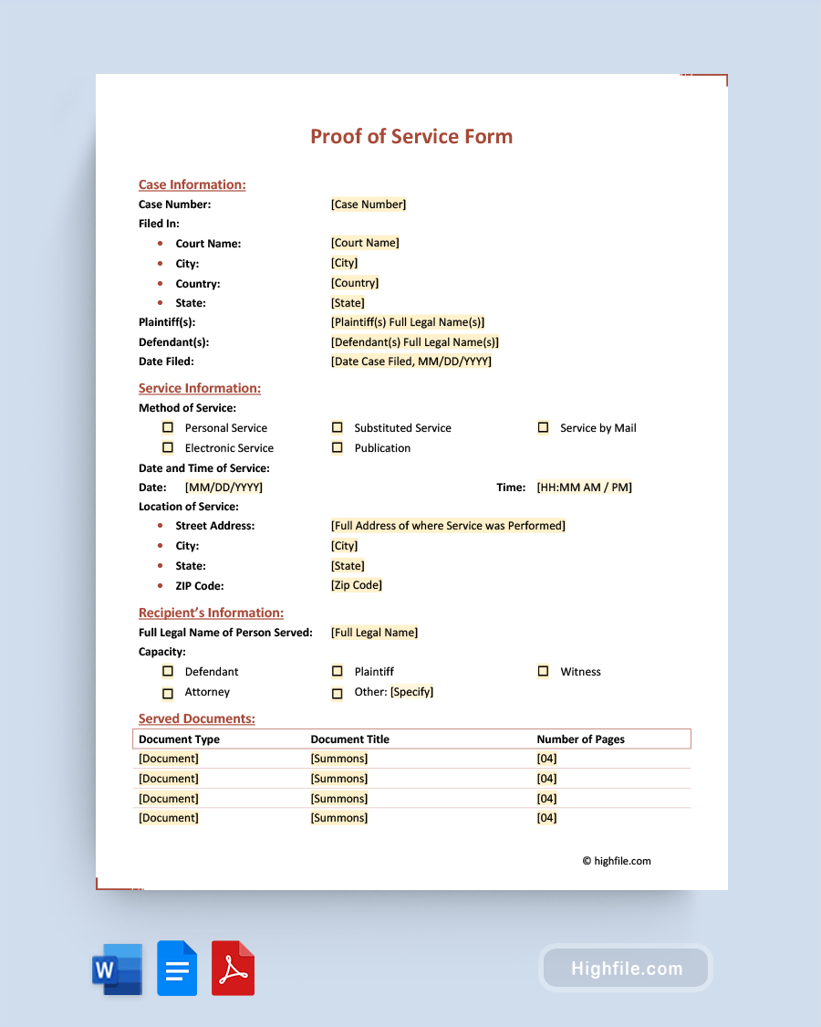 Proof of Service Form - Word, PDF, Google Docs