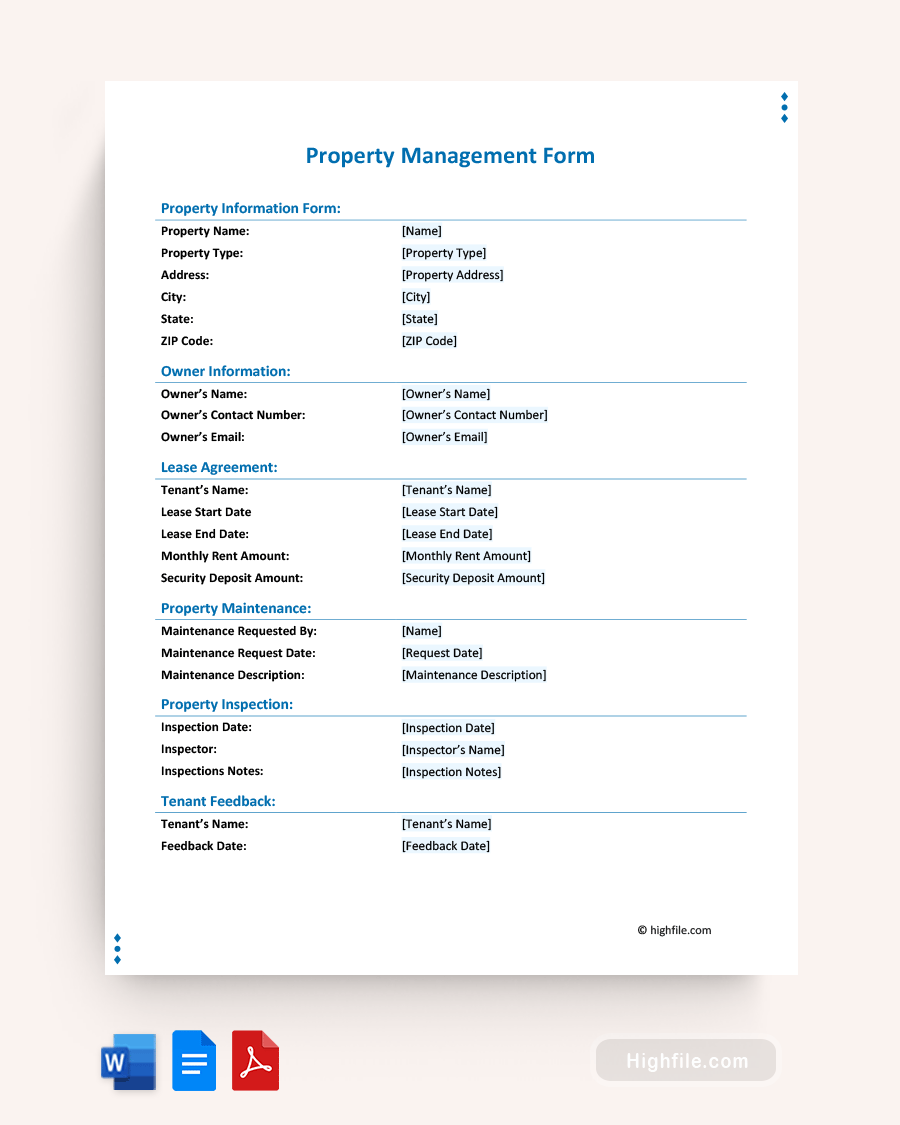Property Management Form - Word, PDF, Google Docs