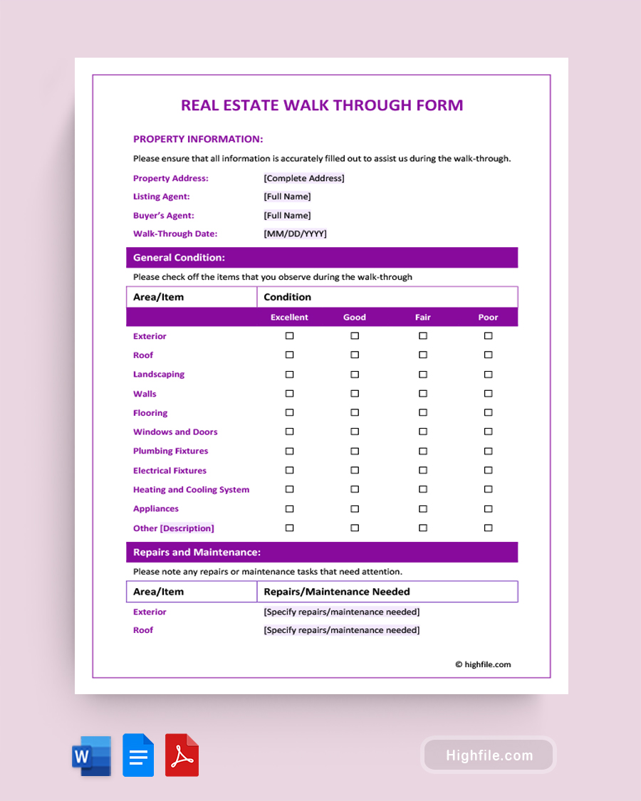 Real Estate Walk Through Checklist Form - Word, PDF, Google Docs