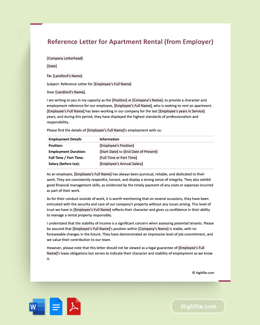 Reference Letter for Apartment Rental (from Employer) - Word, PDF, Google Docs