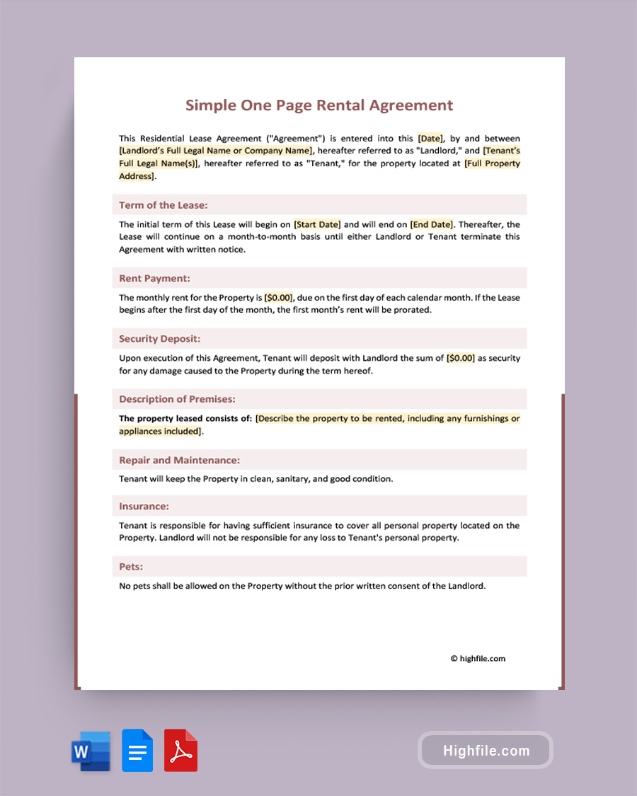 Simple One Page Rental Agreement - Word, PDF, Google Docs