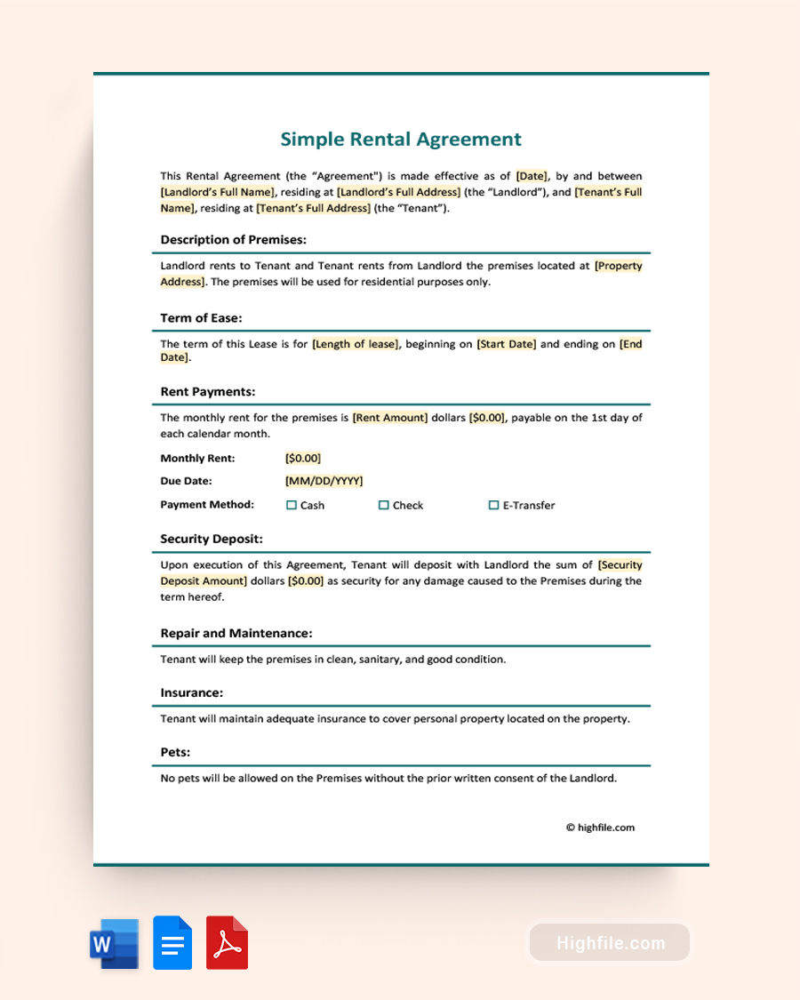 Simple Rental Agreement - Word, PDF, Google Docs