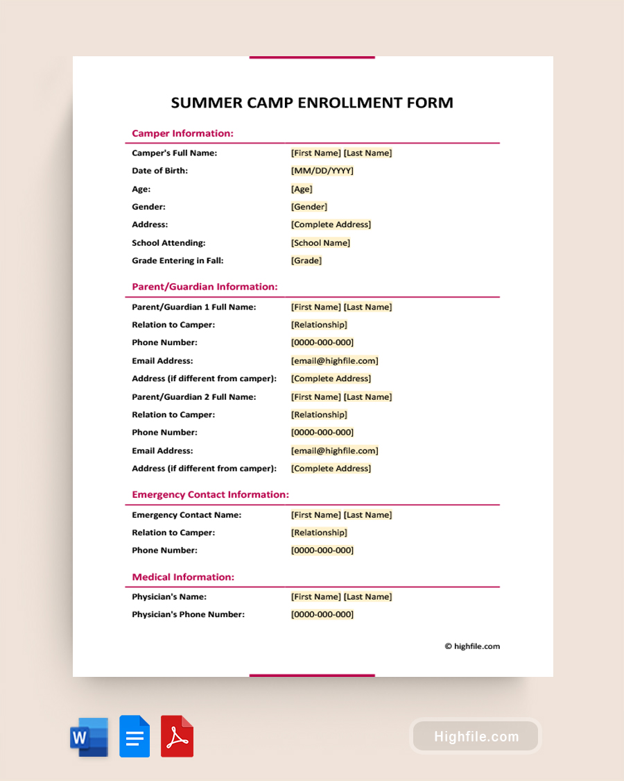 Summer Camp Enrollment Form - Word, PDF, Google Docs