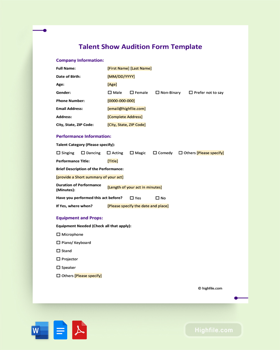 Talent Show Audition Form Template - Word, PDF, Google Docs