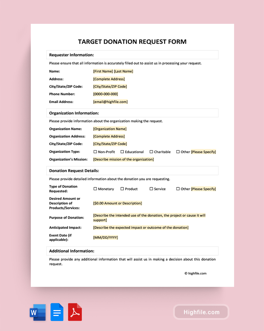 Target Donation Request Form - Word, PDF, Google Docs