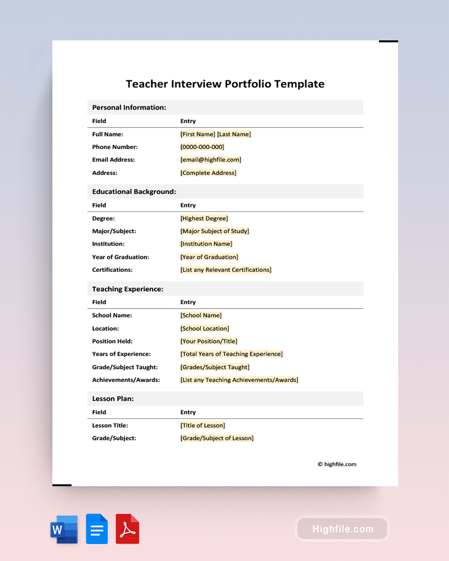 Teacher Interview Portfolio Template - Word, PDF, Google Docs