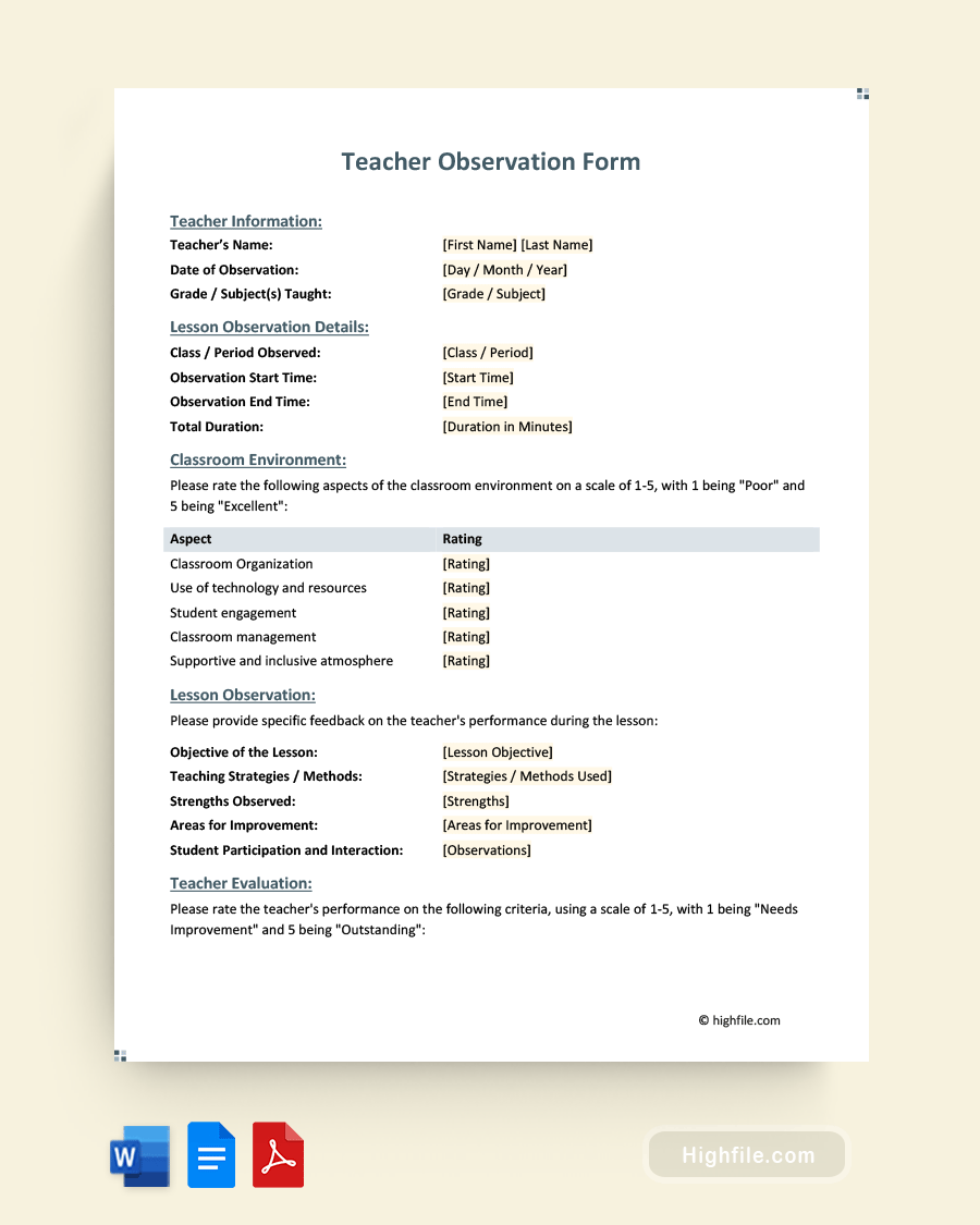 Teacher Observation Form - Word, PDF, Google Docs