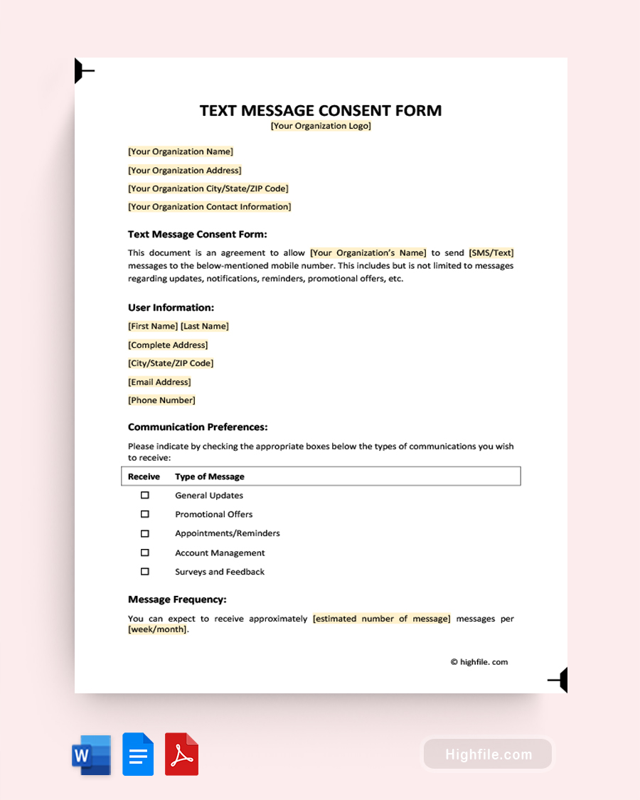 Text Message Consent Form - Word, PDF, Google Docs