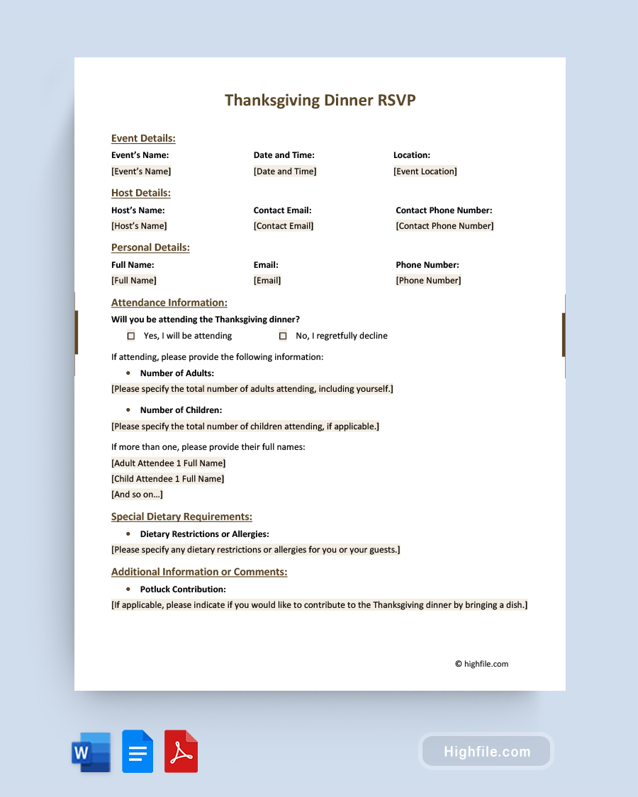 Thanksgiving Dinner RSVP - Word, PDF, Google Docs