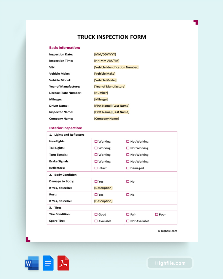Truck Inspection Form - Word, PDF, Google Docs
