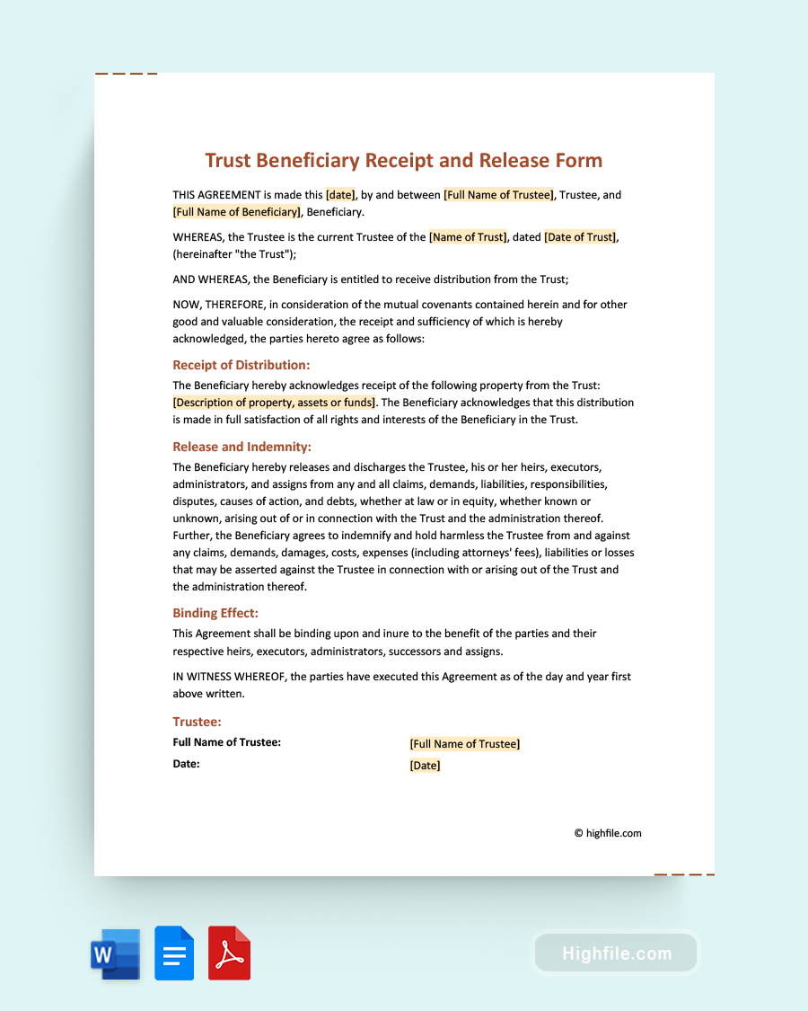 Trust Beneficiary Receipt And Release Form - Word, PDF , Google Docs