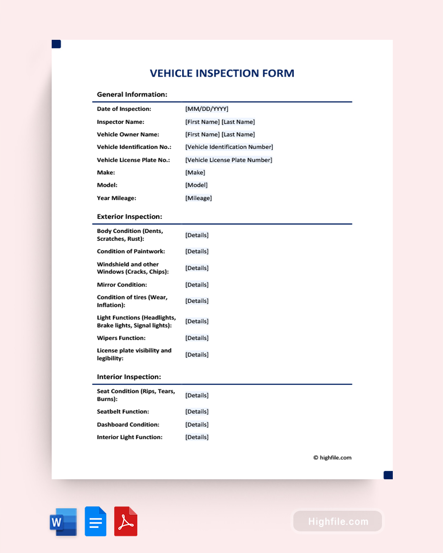 Vehicle Inspection Form - Word, PDF, Google Docs