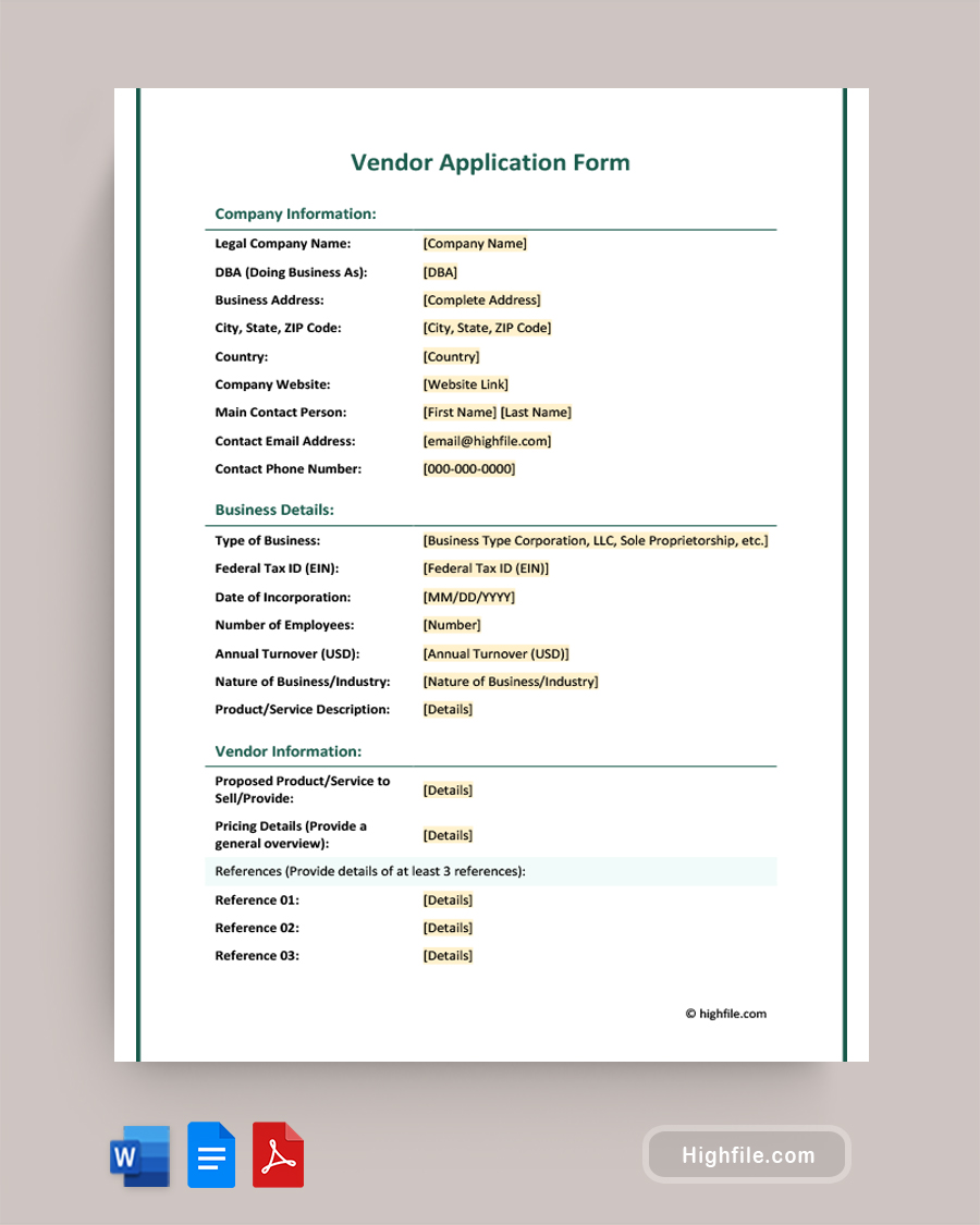 Vendor Application Form - Word, PDF, Google Docs