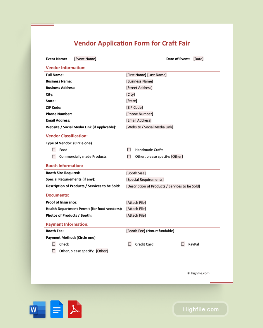 Vendor Application Form for Craft Fair - Word, PDF, Google Docs