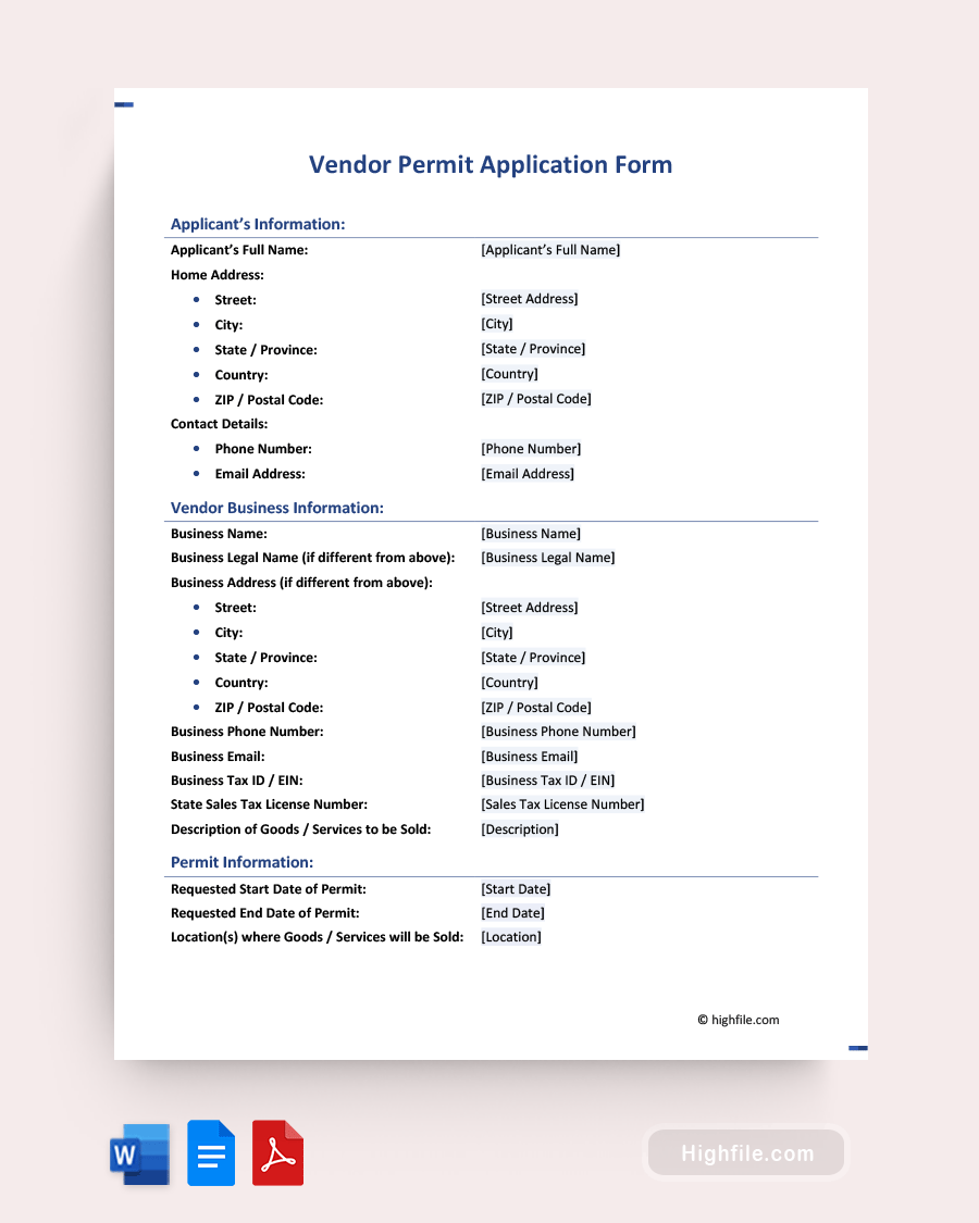 Vendor Permit Application Form - Word, PDF, Google Docs