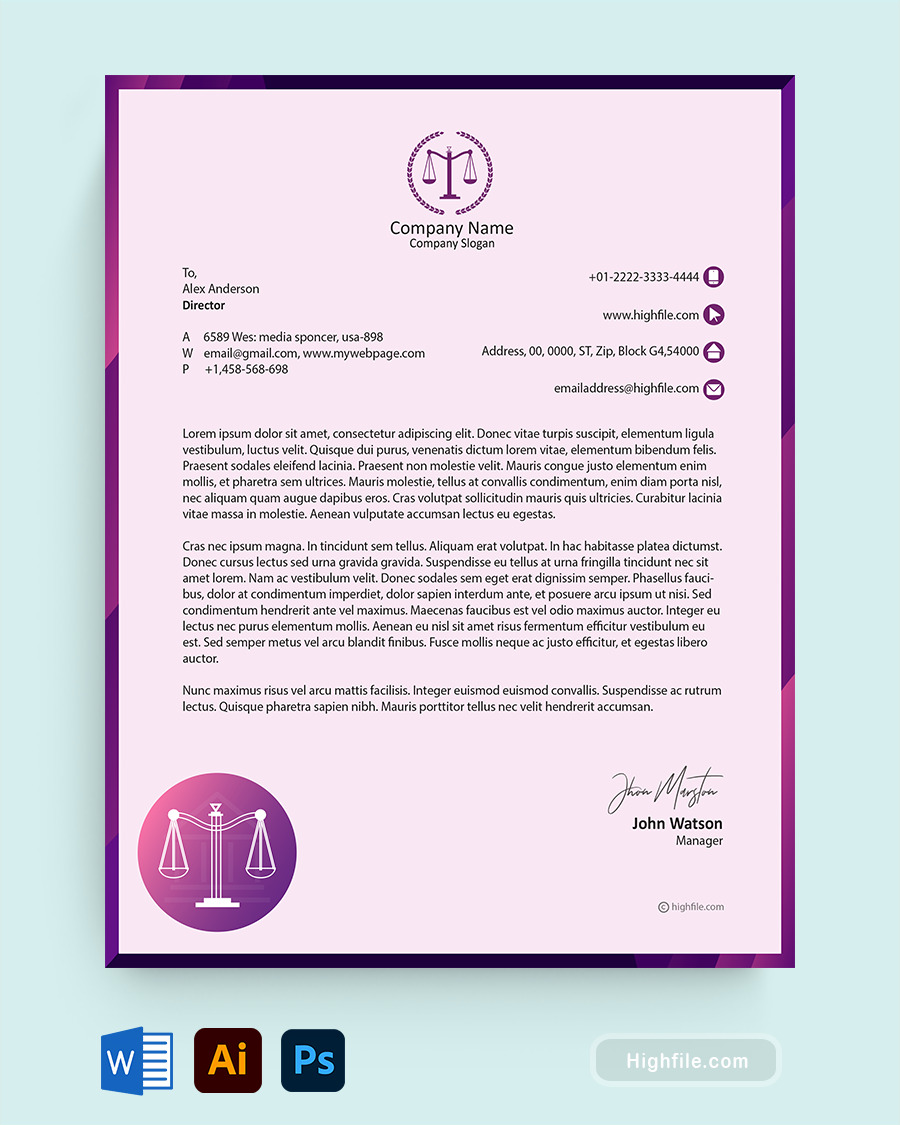 Violet Law Firm Letterhead Template  - Word | Adobe Illustrator | Adobe Photoshop - Highfile
