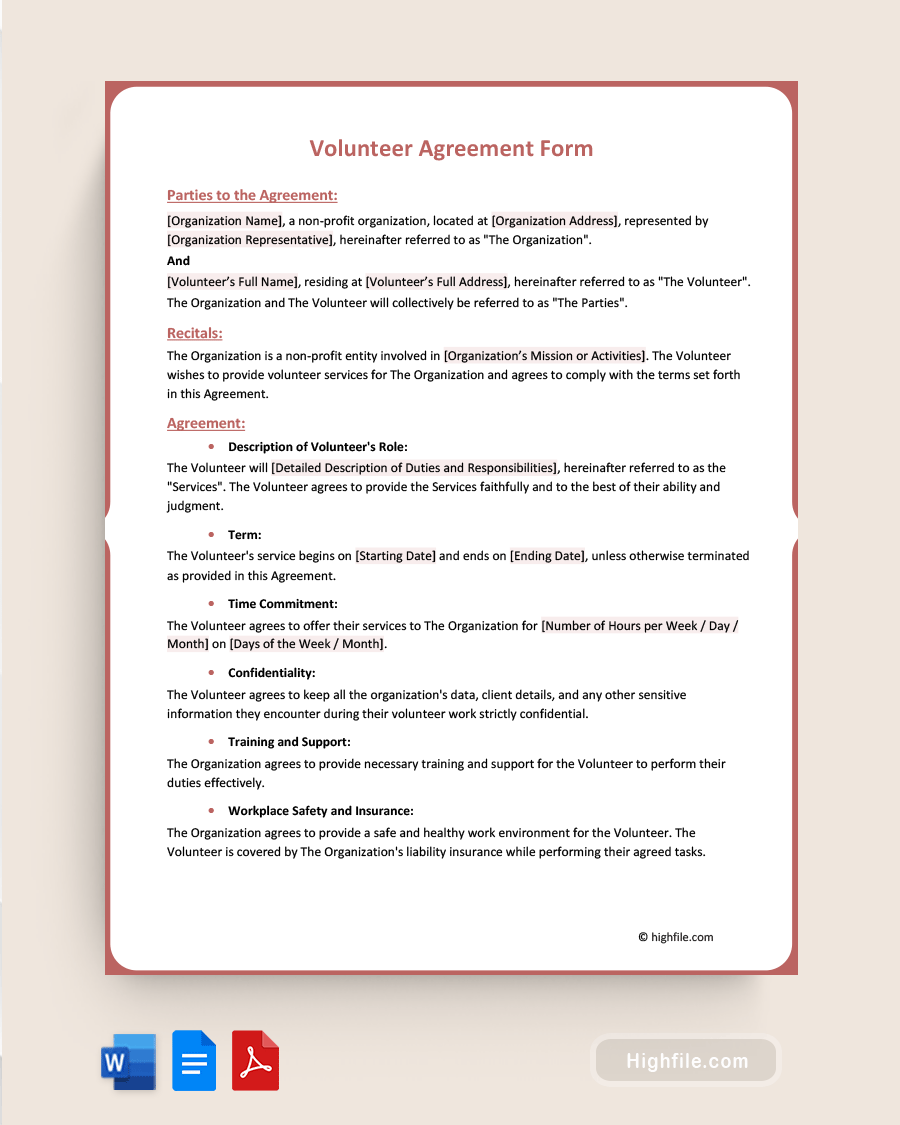 Volunteer Agreement Form - Word, PDF, Google Docs