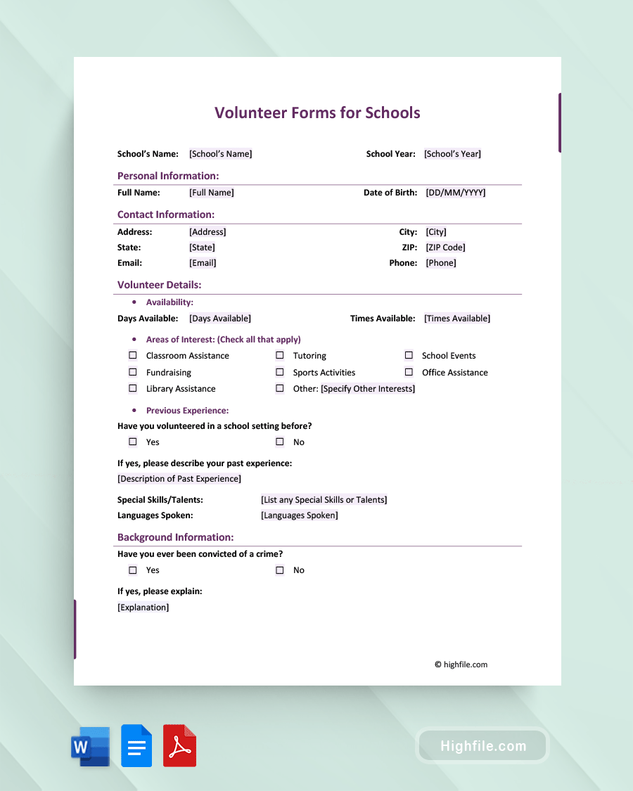 Volunteer Forms for Schools - Word, PDF, Google Docs