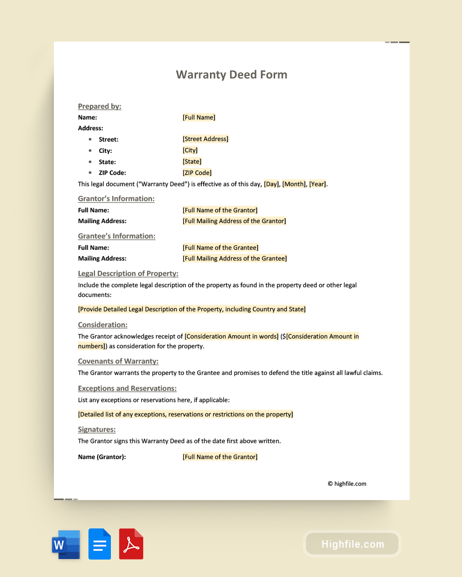 Warranty Deed Form - Word, PDF, Google Docs