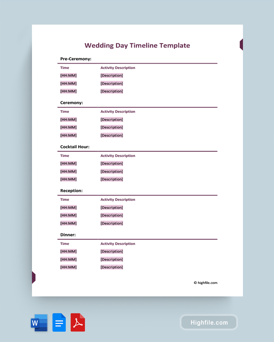 Wedding Day Timeline Template - Word, PDF, Google Docs