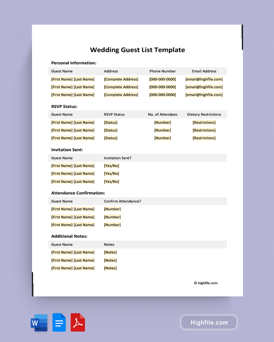 Wedding Guest List Template - Word, PDF, Google Docs