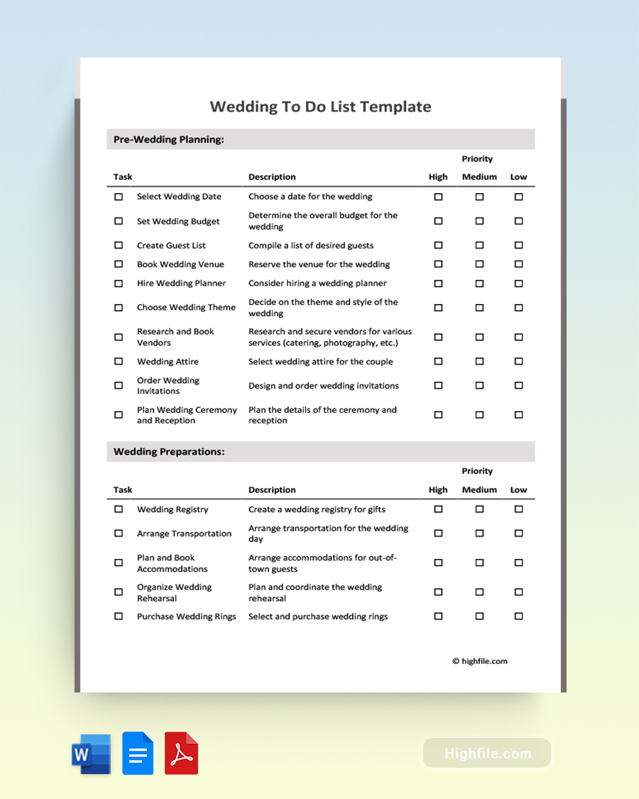 Wedding To Do List Template - Word, PDF, Google Docs