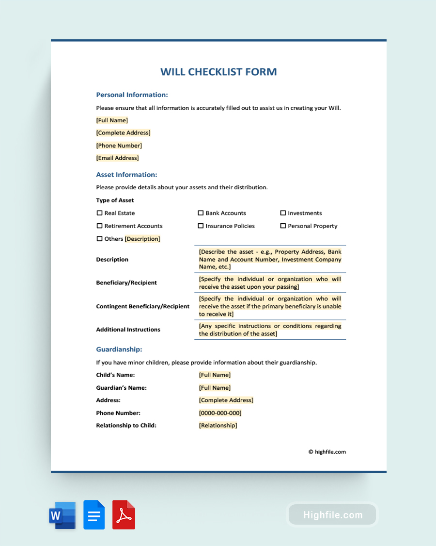 Will Checklist Form - Word, PDF, Google Docs