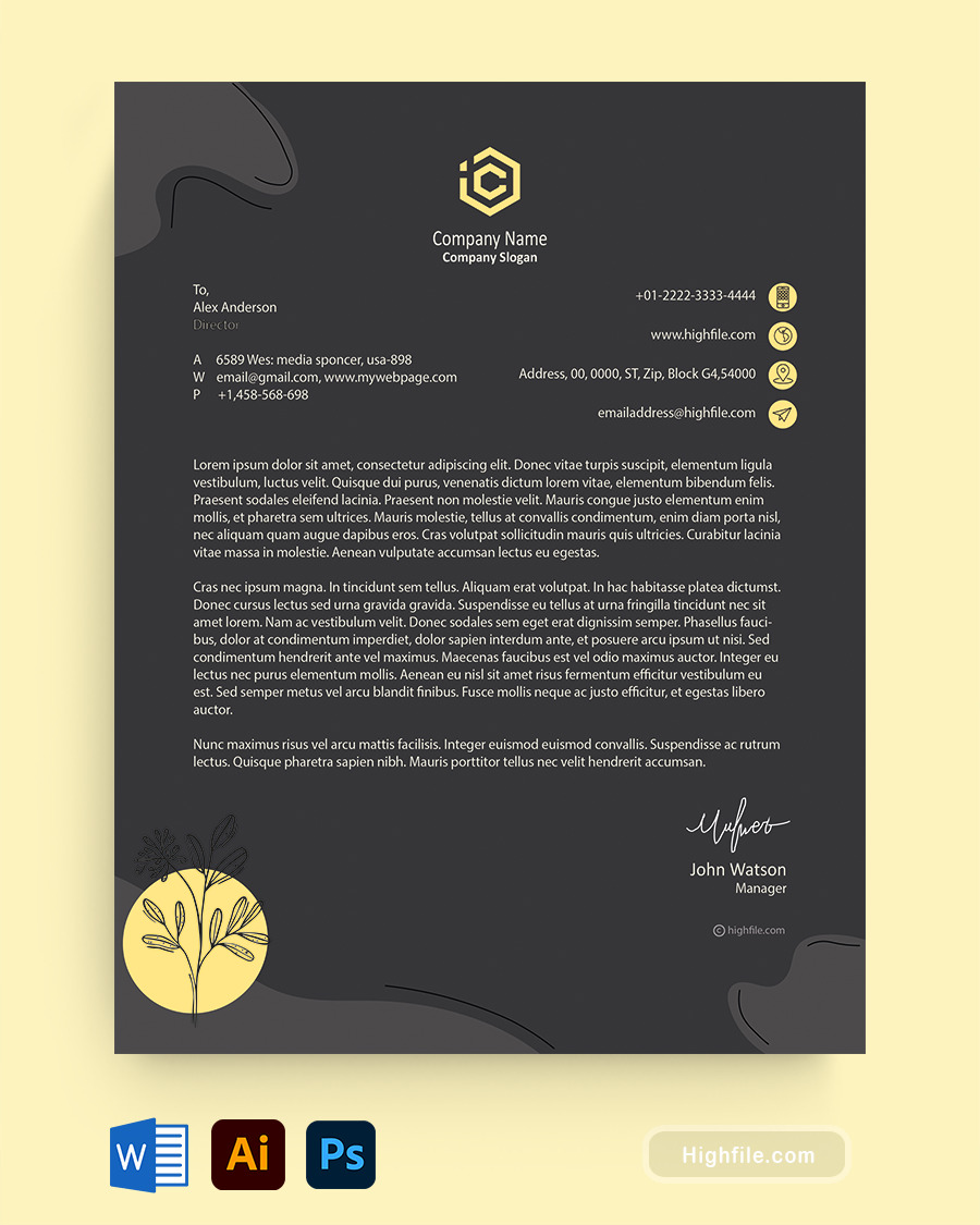 Yellow Personal Letterhead Template - Word | Adobe Illustrator | Adobe Photoshop - Highfile