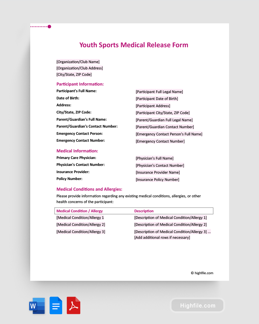 Youth Sports Medical Release Form - Word, PDF, Google Docs