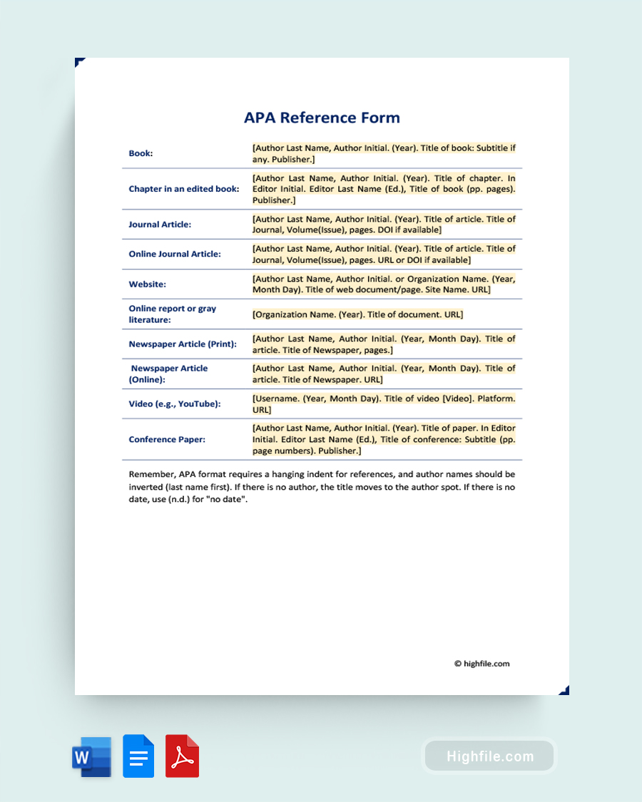 APA Reference Form - Word, PDF, Google Docs