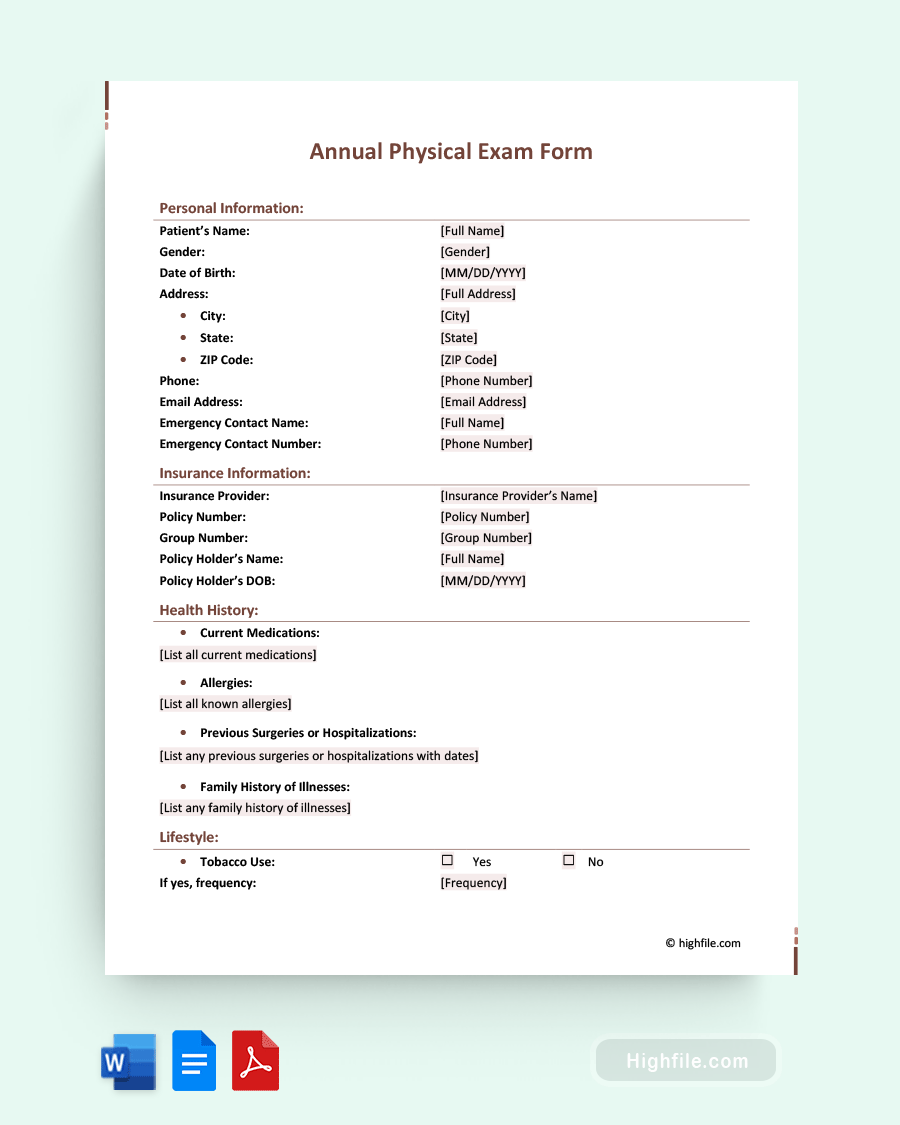 Annual Physical Exam Form - Word, PDF, Google Docs