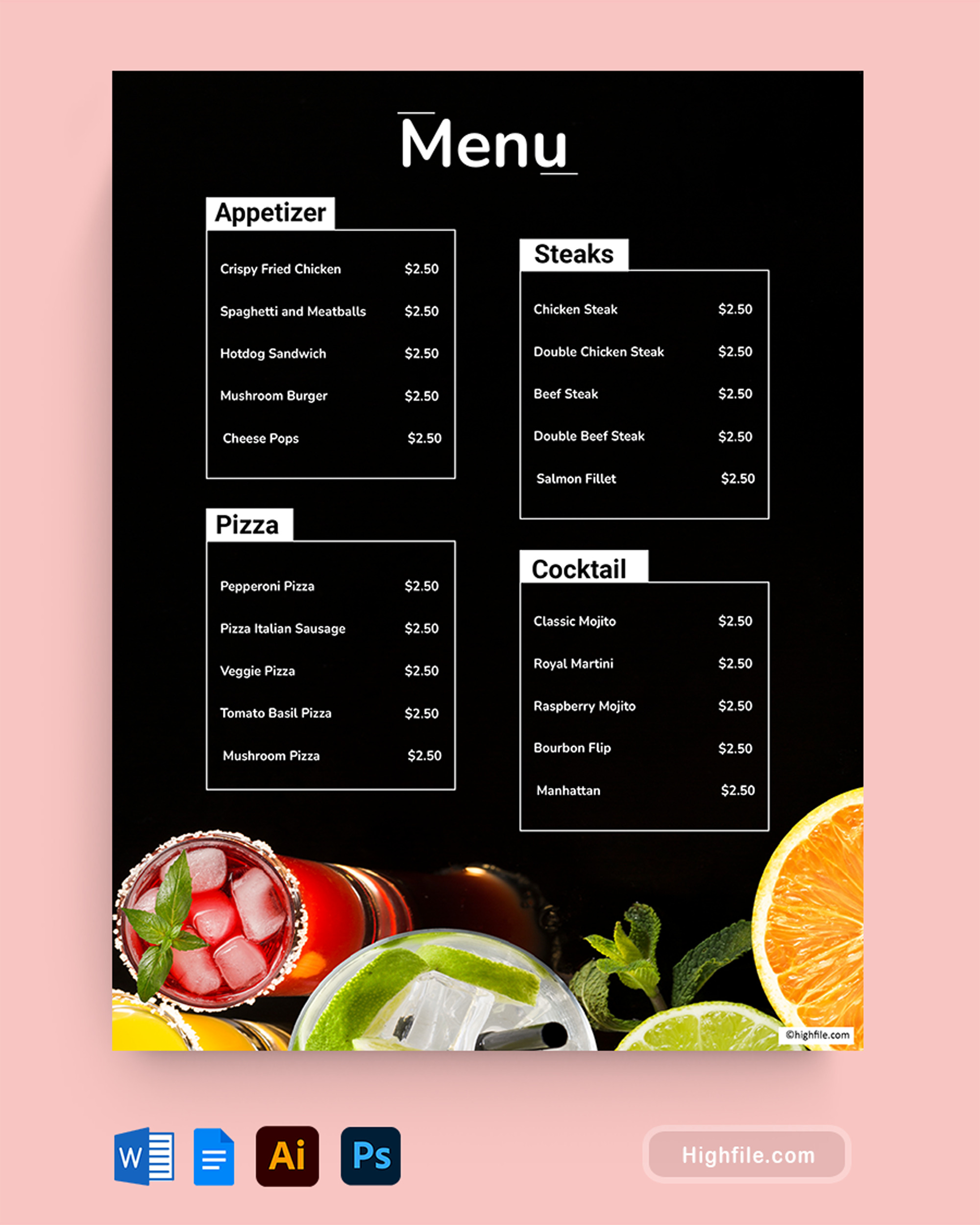 Bar Food Menu Template  - Word, Google Docs, Adobe Illustrator, Adobe Photoshop