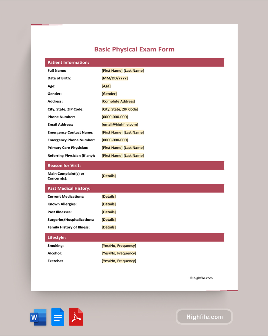 Basic Physical Exam Form - Word, PDF, Google Docs