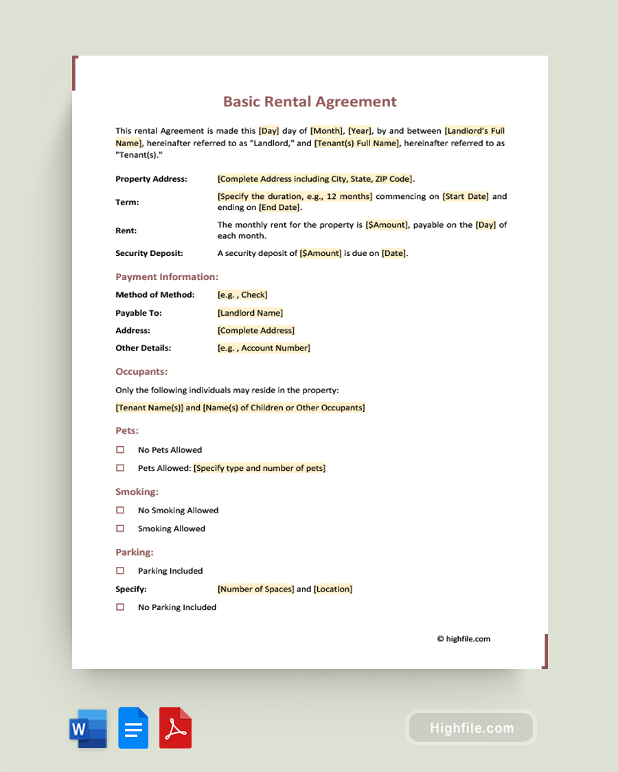 Basic Rental Agreement - Word, PDF, Google Docs