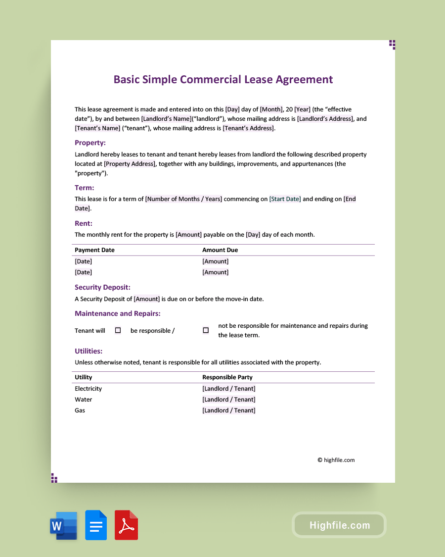 Basic Simple Commercial Lease Agreement - Word, PDF, Google Docs