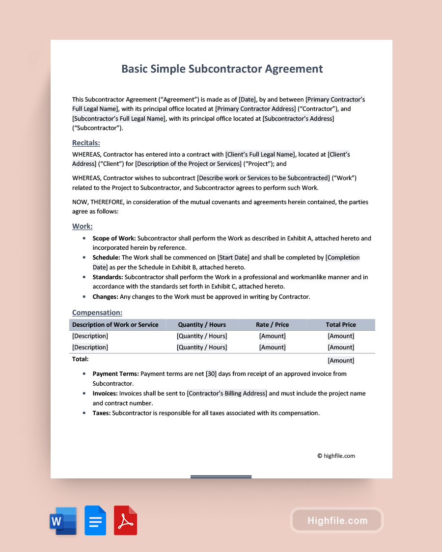 Basic Simple Subcontractor Agreement - Word, PDF, Google Docs