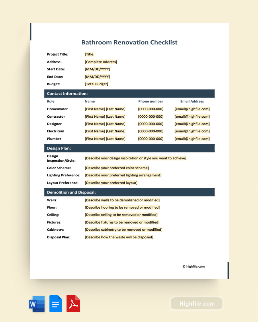 Bathroom Renovation Checklist - Word, PDF, Google Docs
