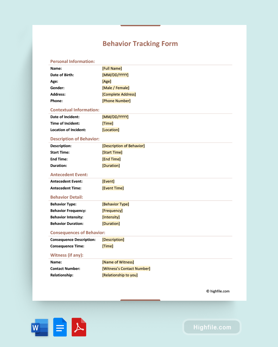 Behavior Tracking Form - Word, PDF, Google Docs