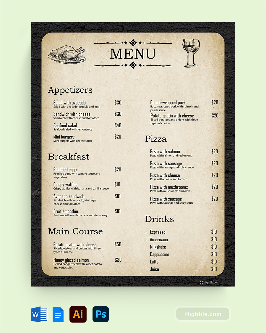 Black Restaurant Menu Template - Word, Google Docs, Adobe Illustrator, Adobe Photoshop