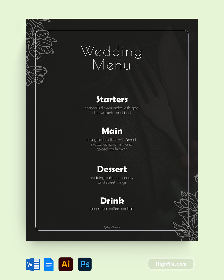 Black Wedding Menu Template - Word, Google Docs, Adobe Illustrator, Adobe Photoshop