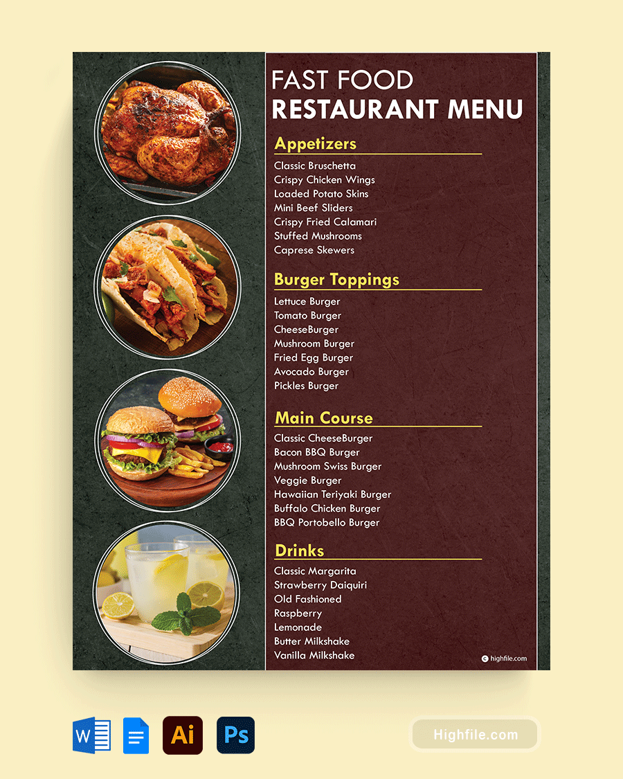 Black and Red Restaurant Menu Template - Word, Google Docs, Adobe Illustrator, Adobe Photoshop