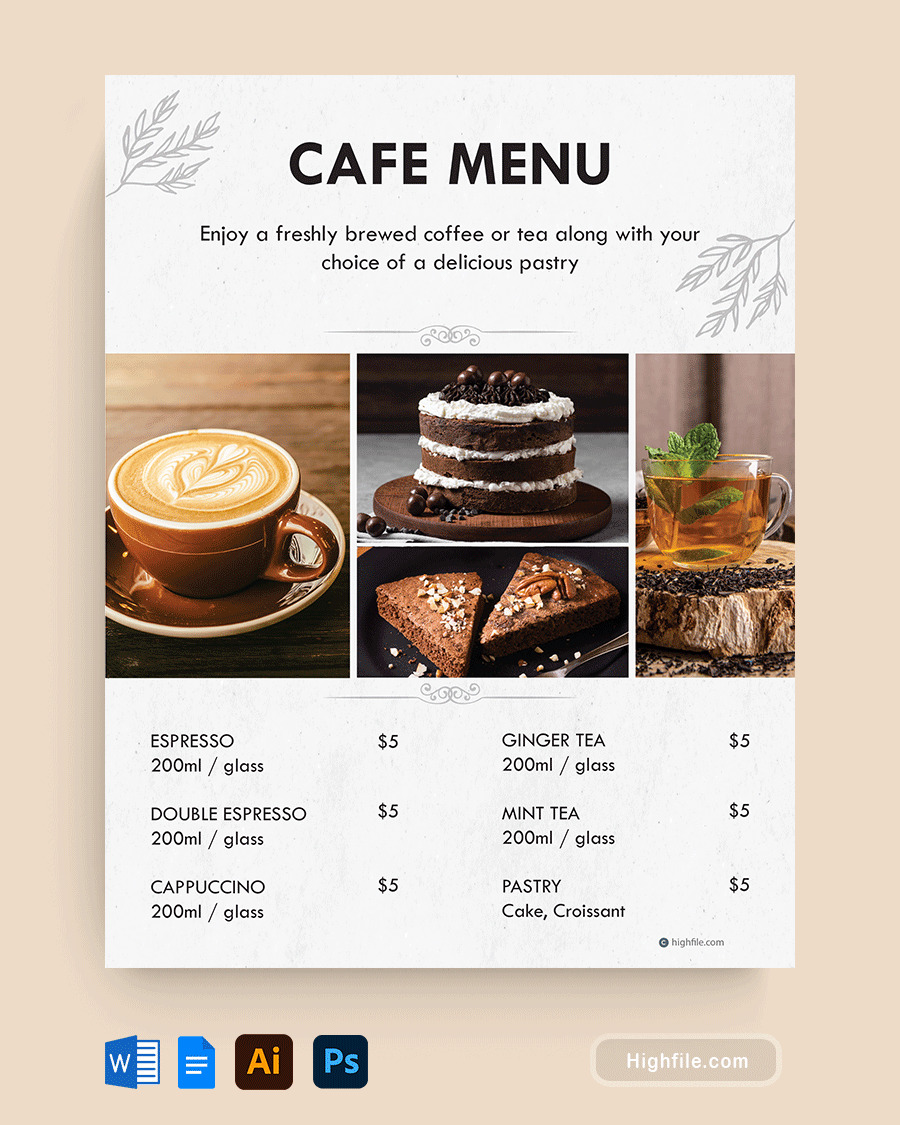 Black and White l Cafe Menu Template - Word, Google Docs, Adobe Illustrator, Adobe Photoshop