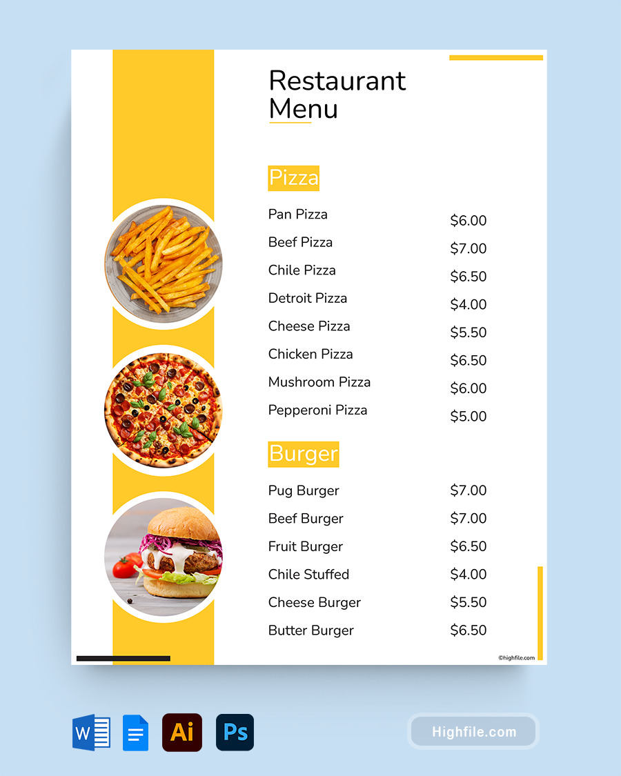 Black and Yellow Food Menu Template - Word, Google Docs, Adobe Illustrator, Adobe Photoshop