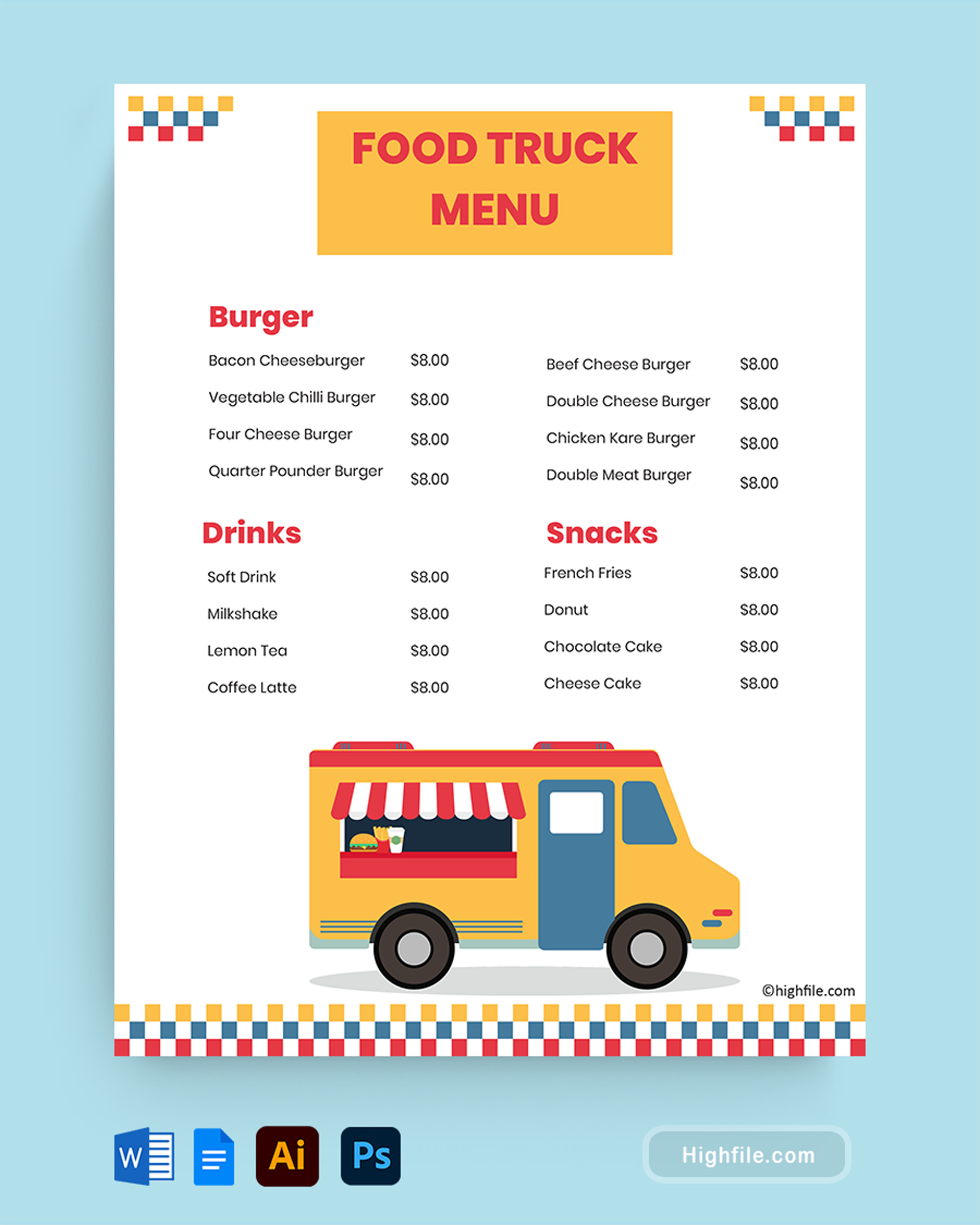 Blank Food Truck Menu Template - Word, Google Docs, Adobe Illustrator, Adobe Photoshop