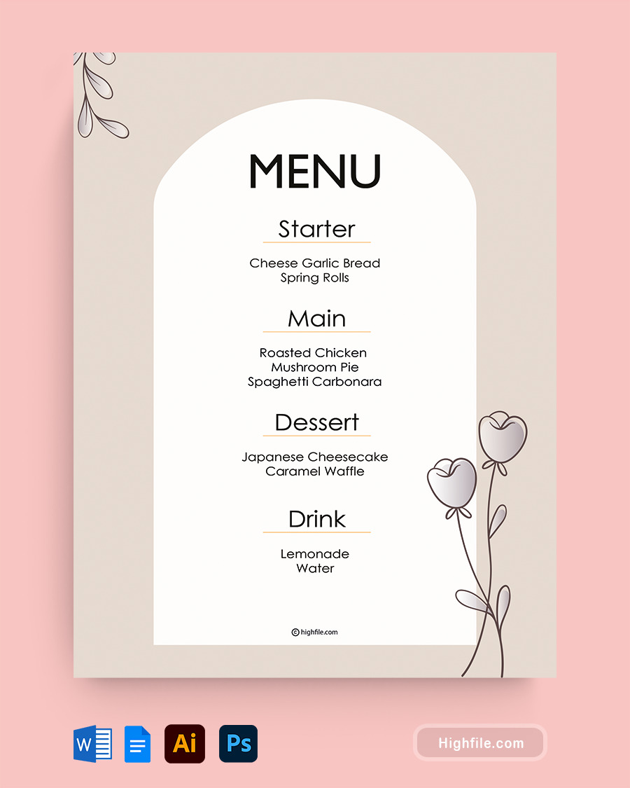 Brown Food Menu Template - Word, Google Docs, Adobe Illustrator, Adobe Photoshop