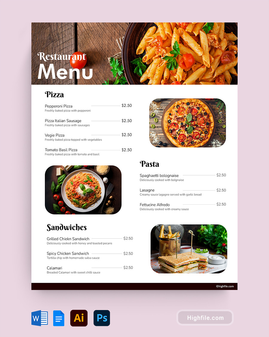 Brown Restaurant Menu Template - Word, Google Docs, Adobe Illustrator, Adobe Photoshop
